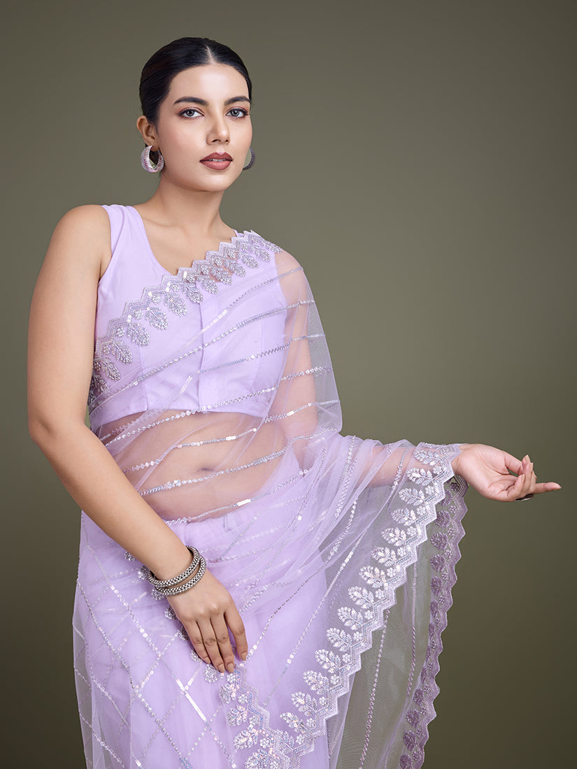 Monjolika Fashion Glamorous Women'S Lavender Sequin Work Soft Net Saree | Grocsy