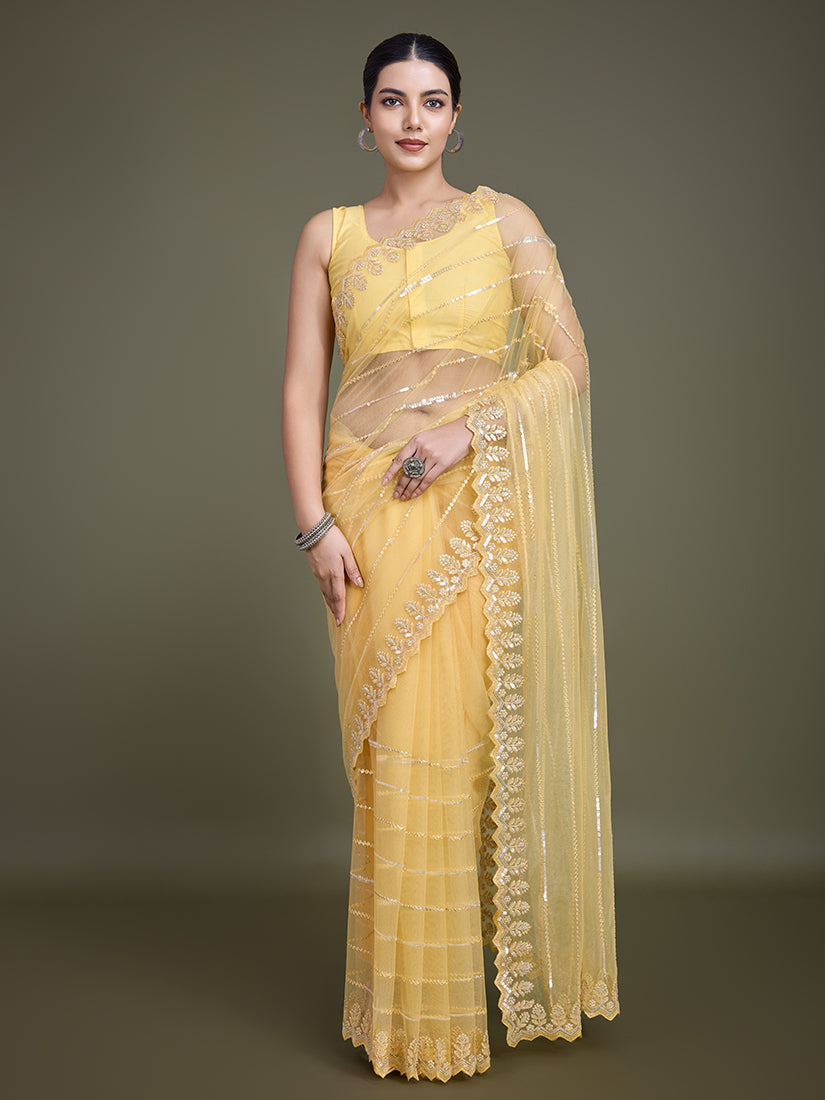 Monjolika Fashion Glamorous Women'S Yellow Sequin Work Soft Net Saree | Grocsy