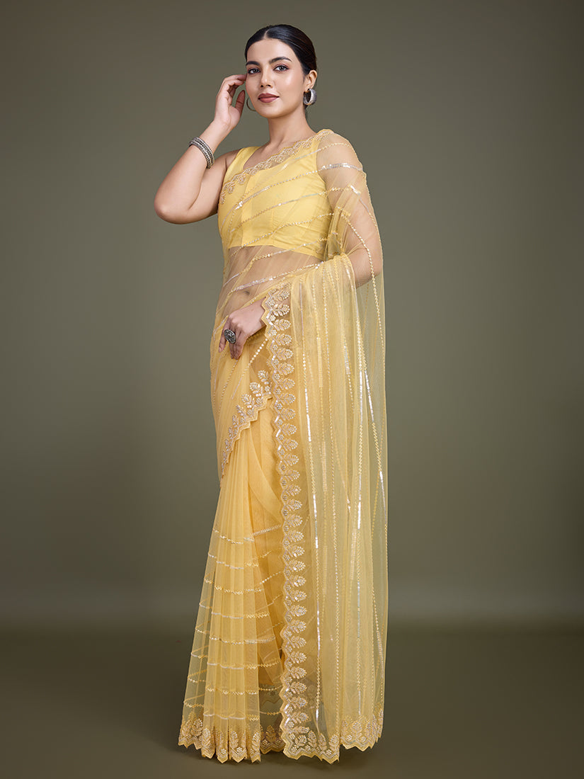 Monjolika Fashion Glamorous Women'S Yellow Sequin Work Soft Net Saree | Grocsy