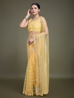 Monjolika Fashion Glamorous Women'S Yellow Sequin Work Soft Net Saree | Grocsy