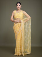 Monjolika Fashion Glamorous Women'S Yellow Sequin Work Soft Net Saree | Grocsy