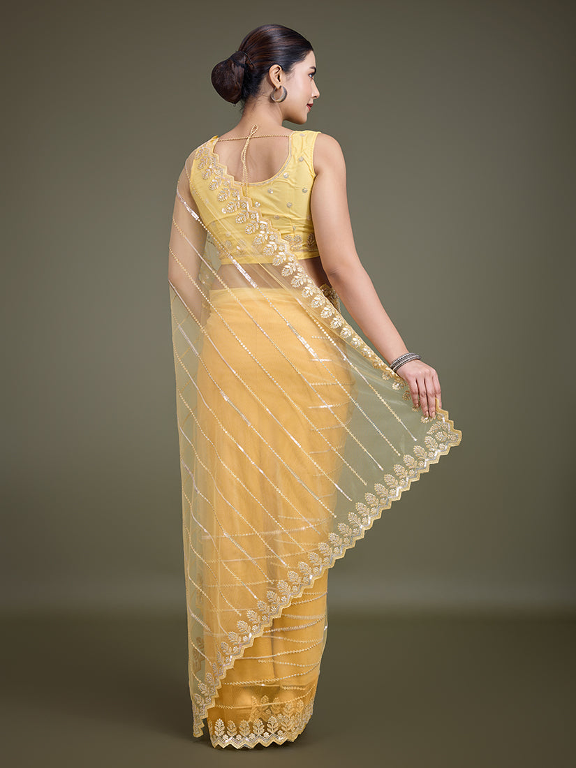 Monjolika Fashion Glamorous Women'S Yellow Sequin Work Soft Net Saree | Grocsy