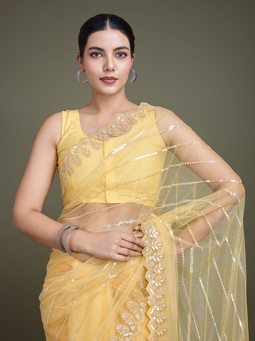 Monjolika Fashion Glamorous Women'S Yellow Sequin Work Soft Net Saree | Grocsy