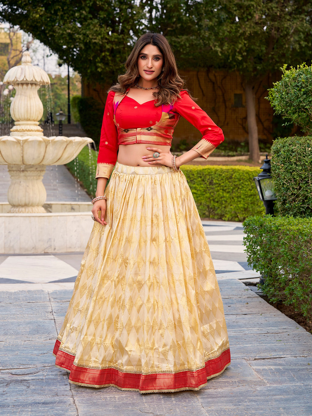 Lorenvalley Fashion Cream Jacquard Silk (Paithani) Zari Weaving Work Lehenga Choli with Koti Co-ord Set | Grocsy