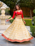 Lorenvalley Fashion Cream Jacquard Silk (Paithani) Zari Weaving Work Lehenga Choli with Koti Co-ord Set | Grocsy