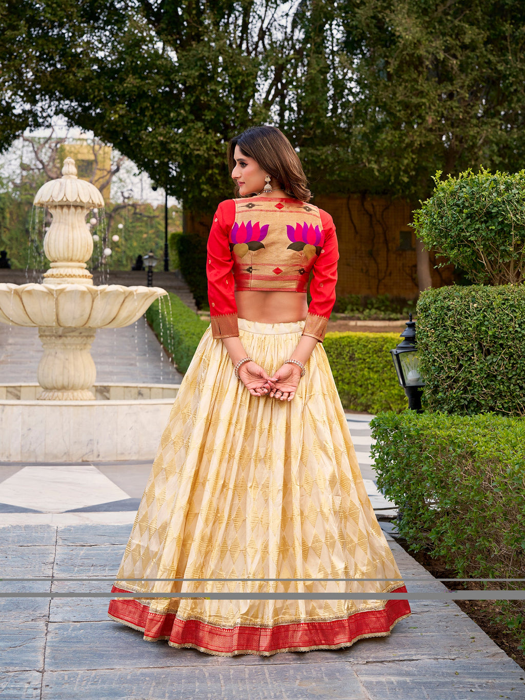 Lorenvalley Fashion Cream Jacquard Silk (Paithani) Zari Weaving Work Lehenga Choli with Koti Co-ord Set | Grocsy