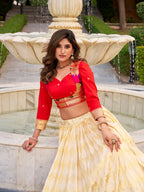 Lorenvalley Fashion Cream Jacquard Silk (Paithani) Zari Weaving Work Lehenga Choli with Koti Co-ord Set | Grocsy