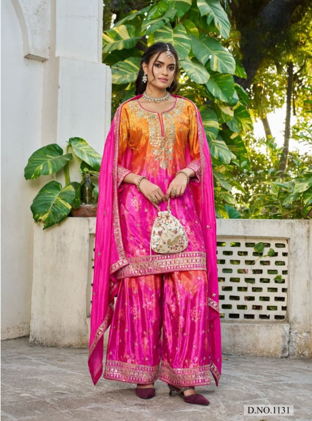 Anaita Hot Pink Chinon Stitched Plazzo Suit With Digital Printed & Hand Work | Grocsy