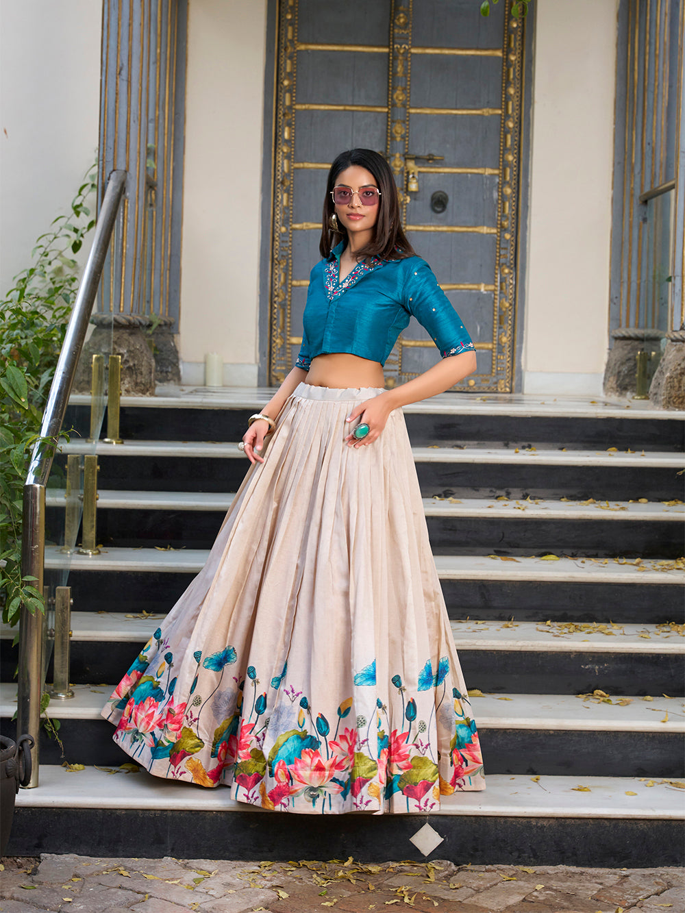 Lorenvalley Fashion Offwhite Tussar Silk Floral Print Lehenga Choli | Grocsy