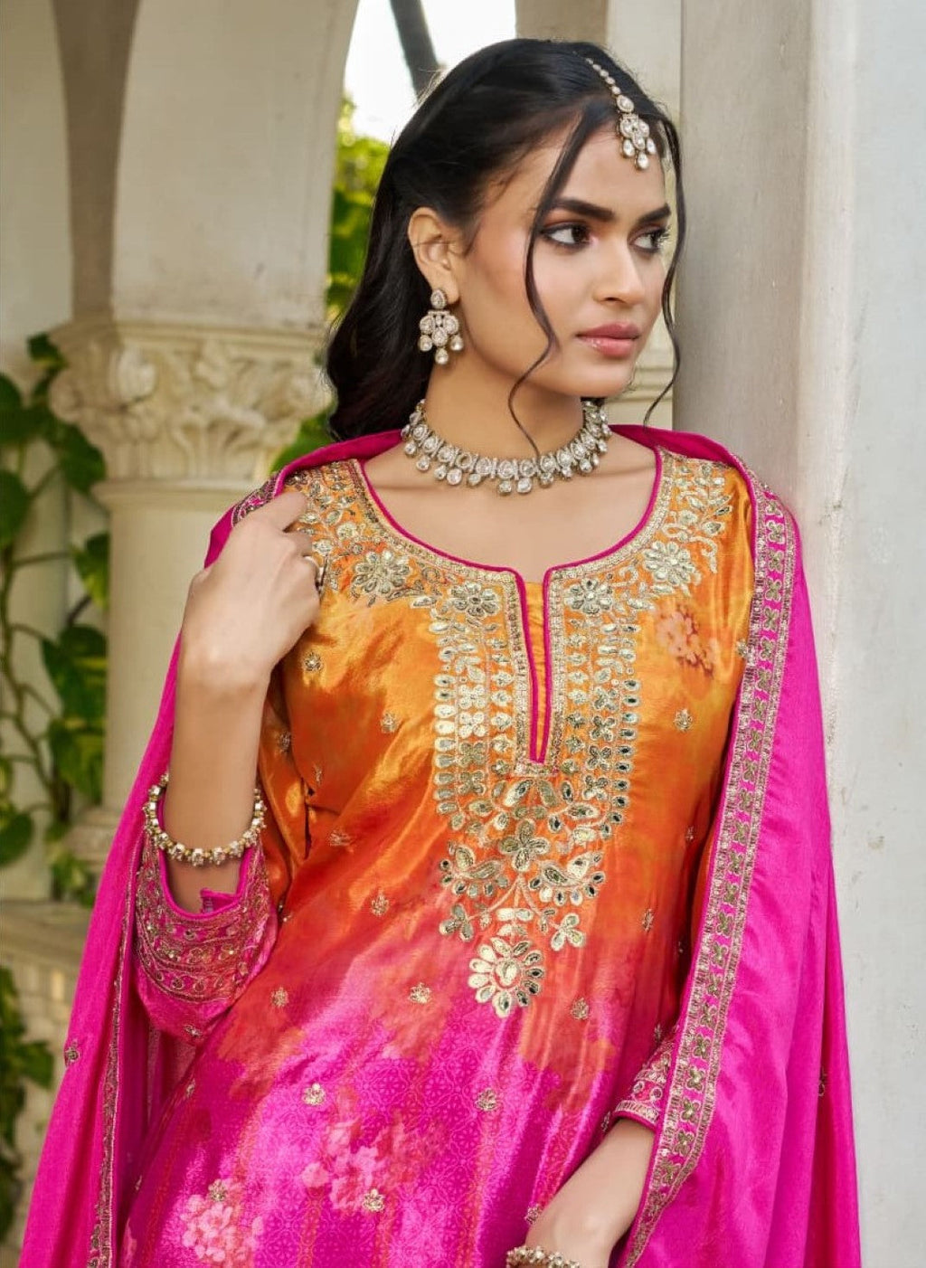 Anaita Hot Pink Chinon Stitched Plazzo Suit With Digital Printed & Hand Work | Grocsy