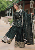Vedant Vastram Heavy Embroidery & Sequins Work Rangoli Silk Kurti Plazo Set With Dupatta - Green | Grocsy