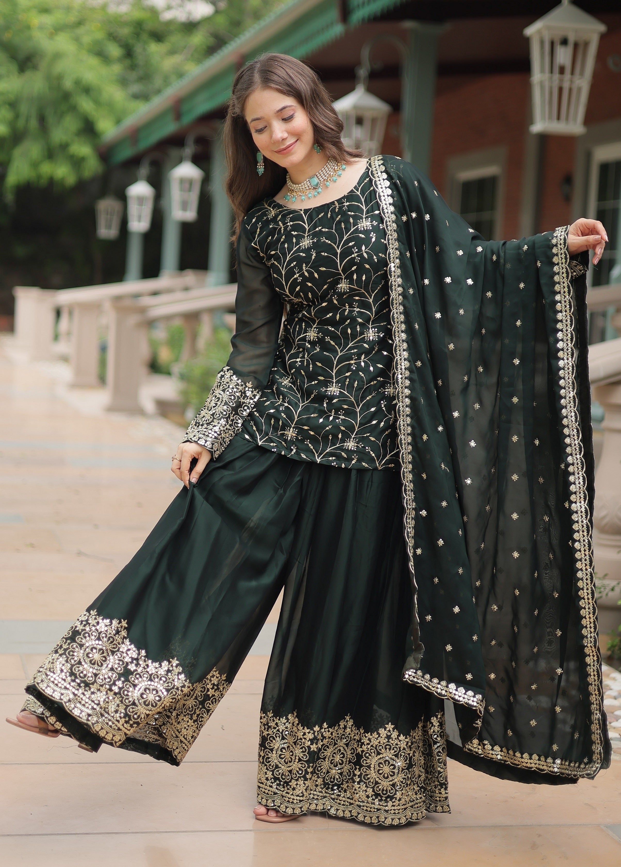 Vedant Vastram Heavy Embroidery & Sequins Work Rangoli Silk Kurti Plazo Set With Dupatta - Green | Grocsy
