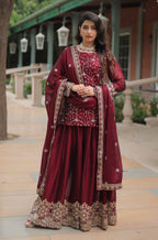 Vedant Vastram Heavy Embroidery & Sequins Work Rangoli Silk Kurti Plazo Set With Dupatta - Maroon | Grocsy