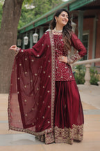 Vedant Vastram Heavy Embroidery & Sequins Work Rangoli Silk Kurti Plazo Set With Dupatta - Maroon | Grocsy