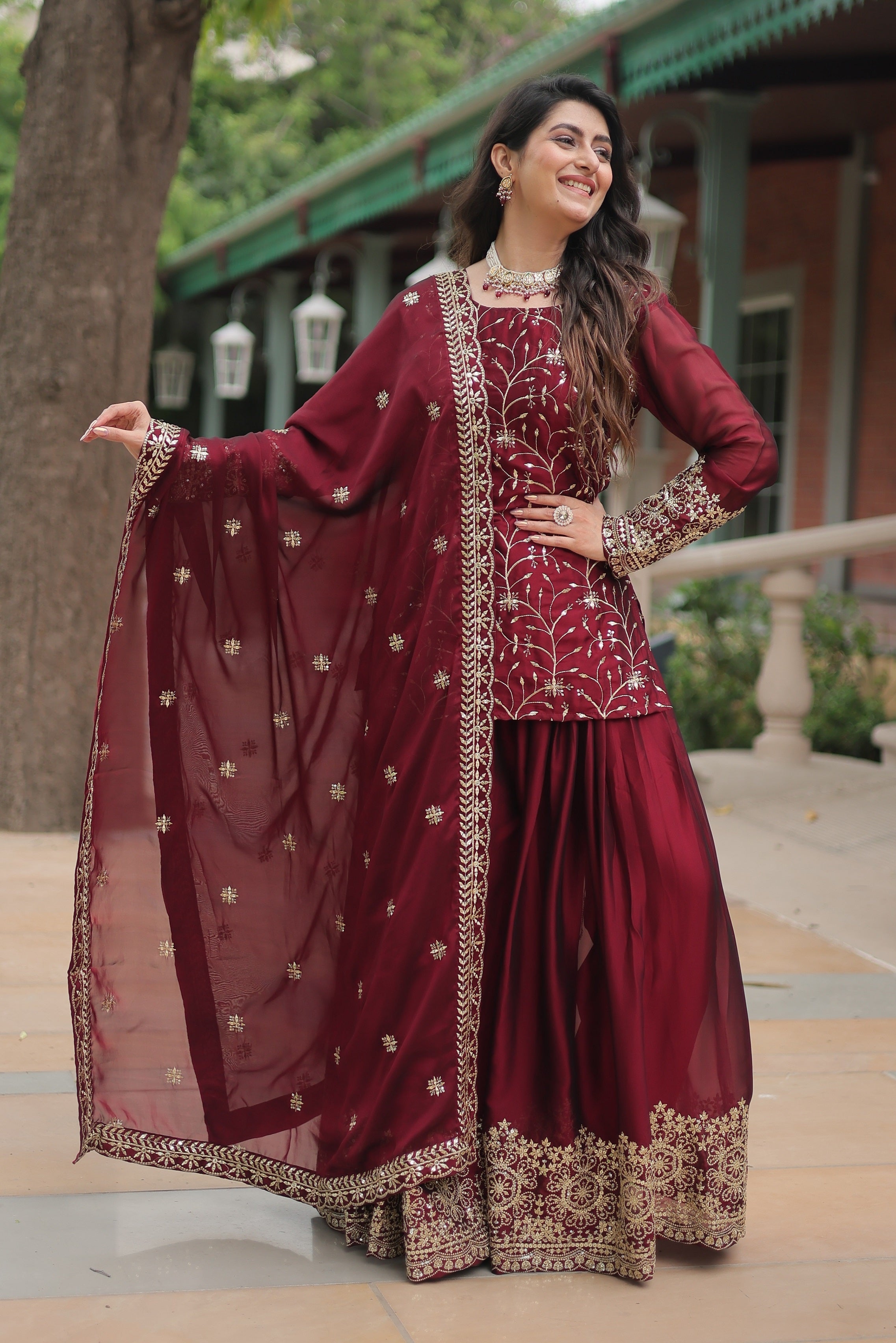 Vedant Vastram Heavy Embroidery & Sequins Work Rangoli Silk Kurti Plazo Set With Dupatta - Maroon | Grocsy