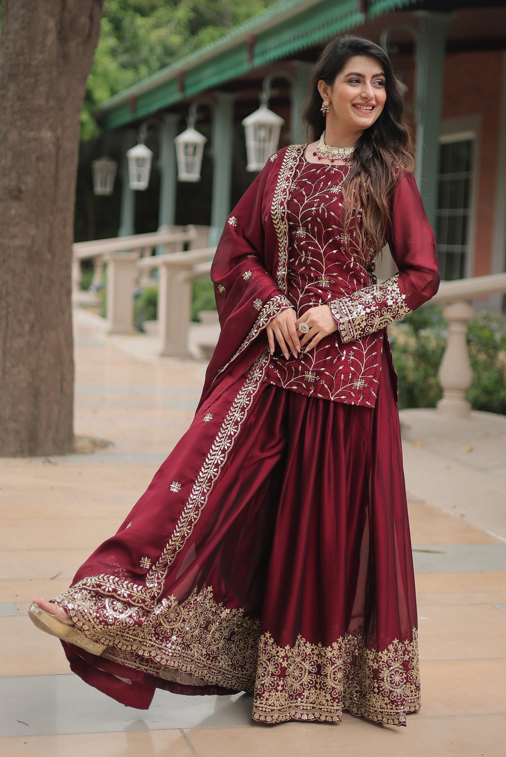 Vedant Vastram Heavy Embroidery & Sequins Work Rangoli Silk Kurti Plazo Set With Dupatta - Maroon | Grocsy