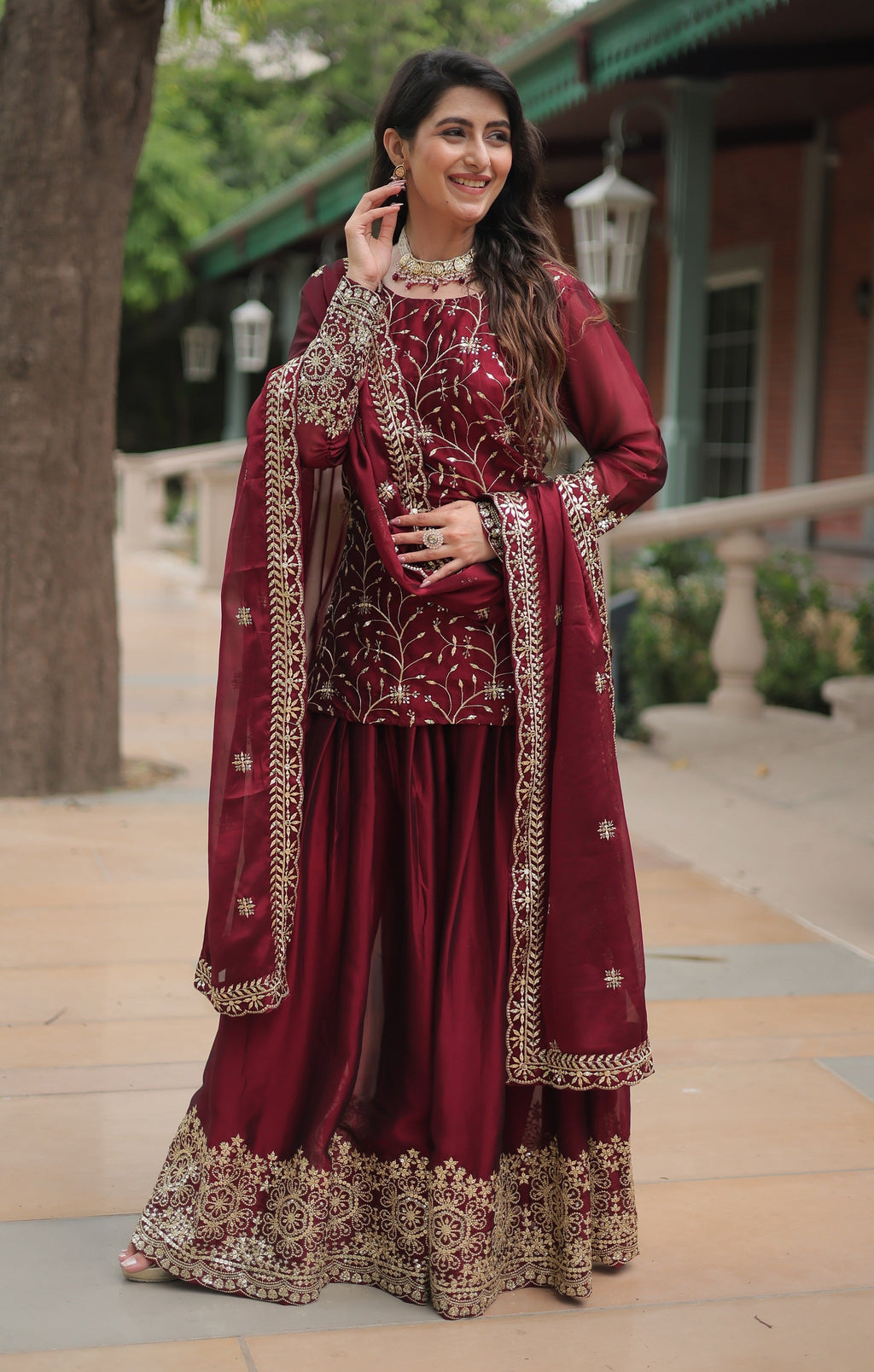 Vedant Vastram Heavy Embroidery & Sequins Work Rangoli Silk Kurti Plazo Set With Dupatta - Maroon | Grocsy