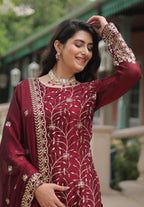 Vedant Vastram Heavy Embroidery & Sequins Work Rangoli Silk Kurti Plazo Set With Dupatta - Maroon | Grocsy