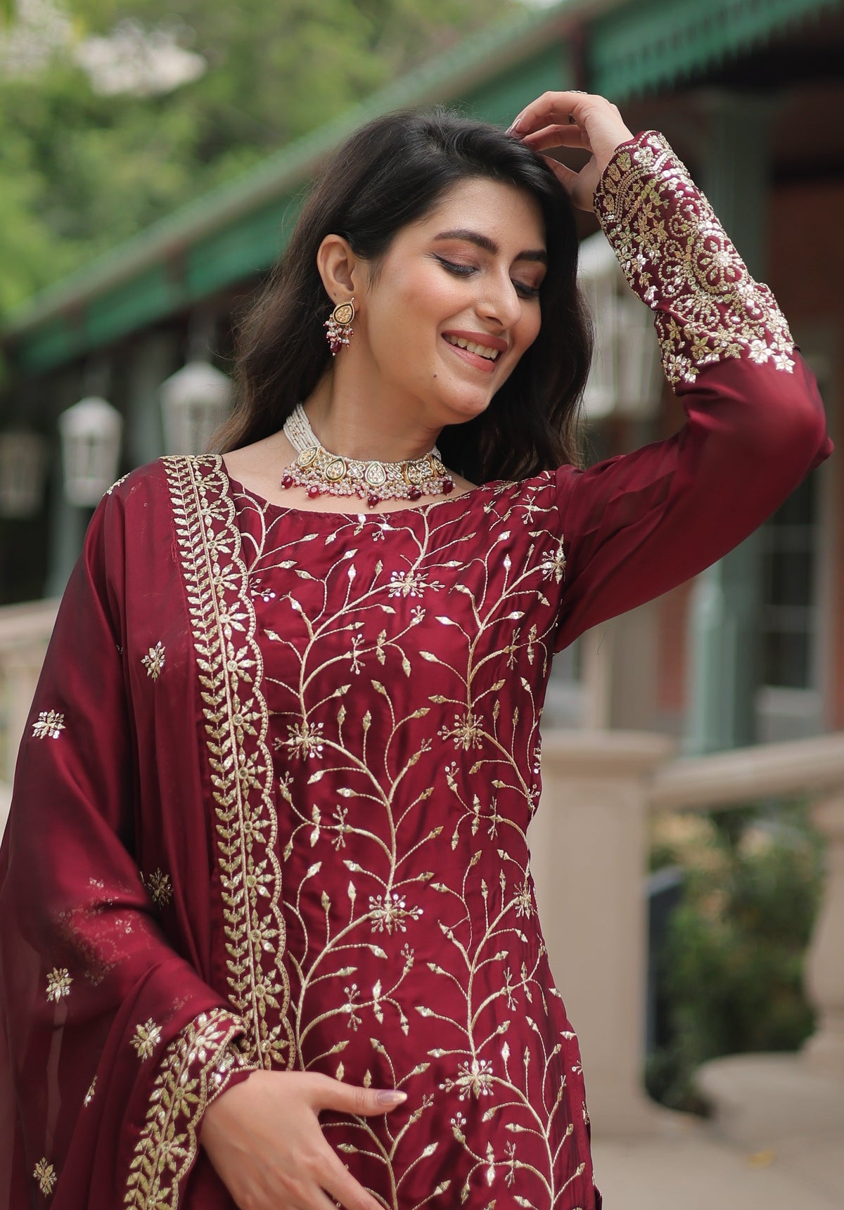 Vedant Vastram Heavy Embroidery & Sequins Work Rangoli Silk Kurti Plazo Set With Dupatta - Maroon | Grocsy