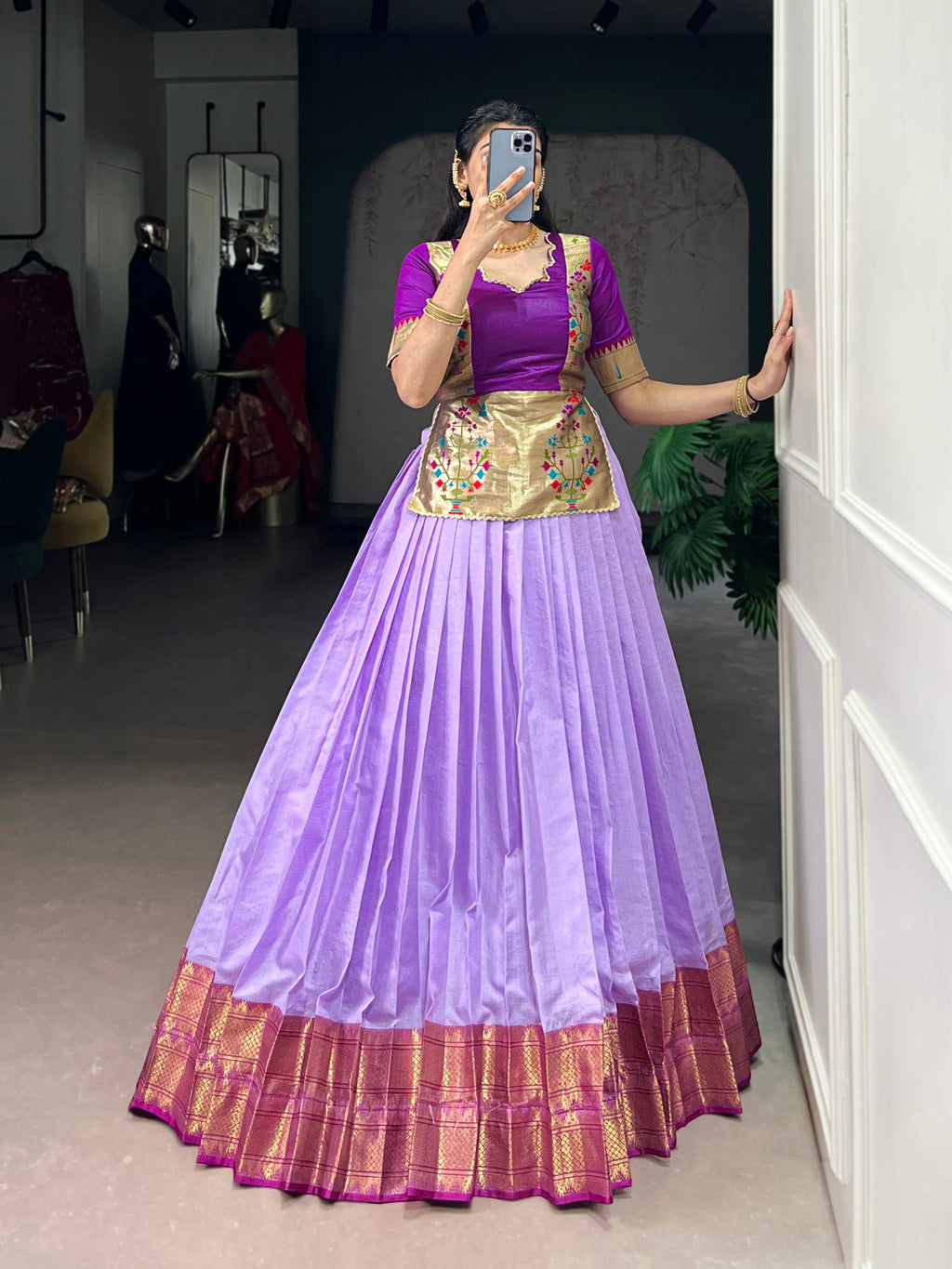 Lorenvalley Fashion Lavender Cotton Silk Zari Weaving Work Lehenga Choli | Grocsy