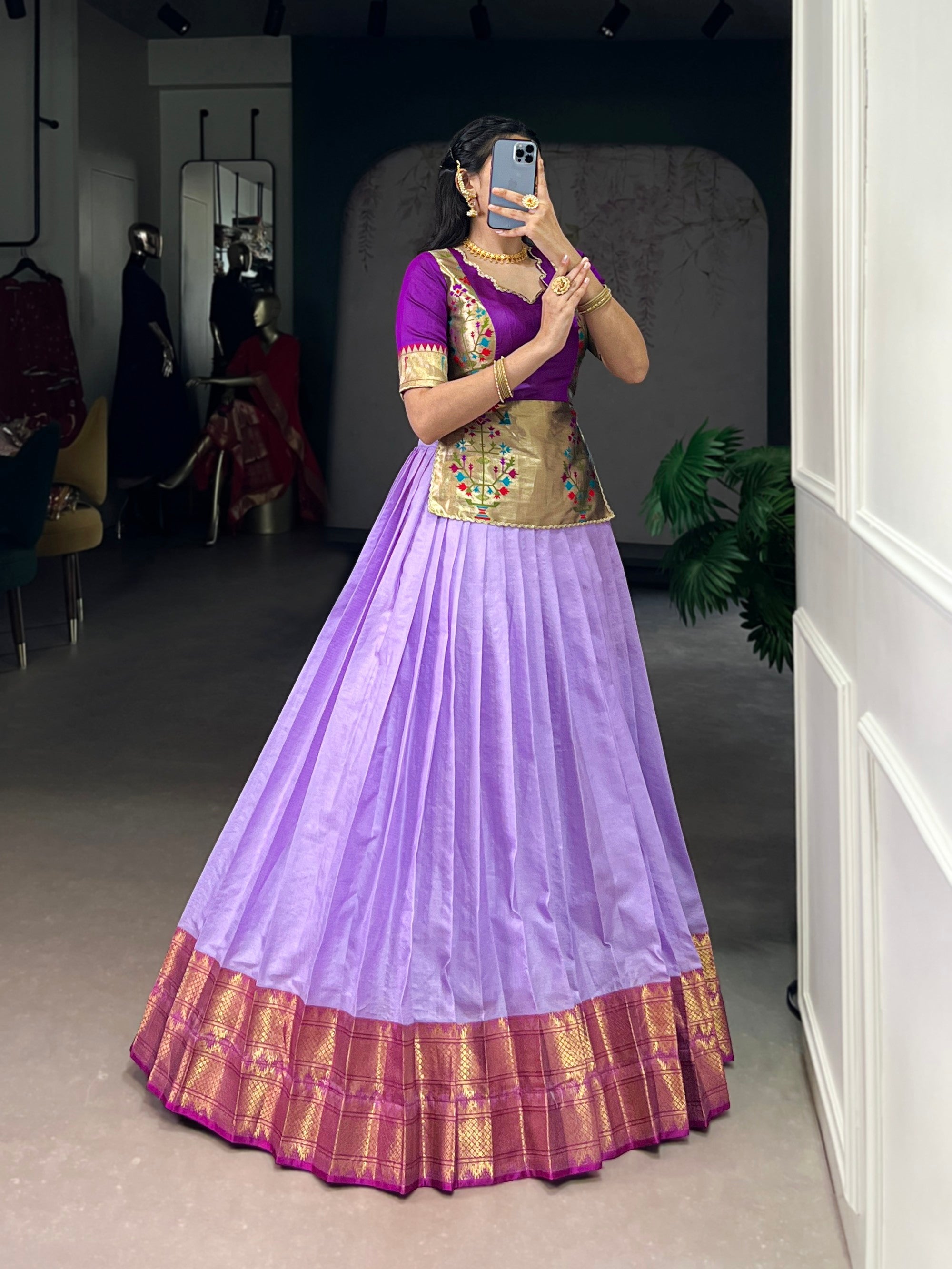 Lorenvalley Fashion Lavender Cotton Silk Zari Weaving Work Lehenga Choli | Grocsy