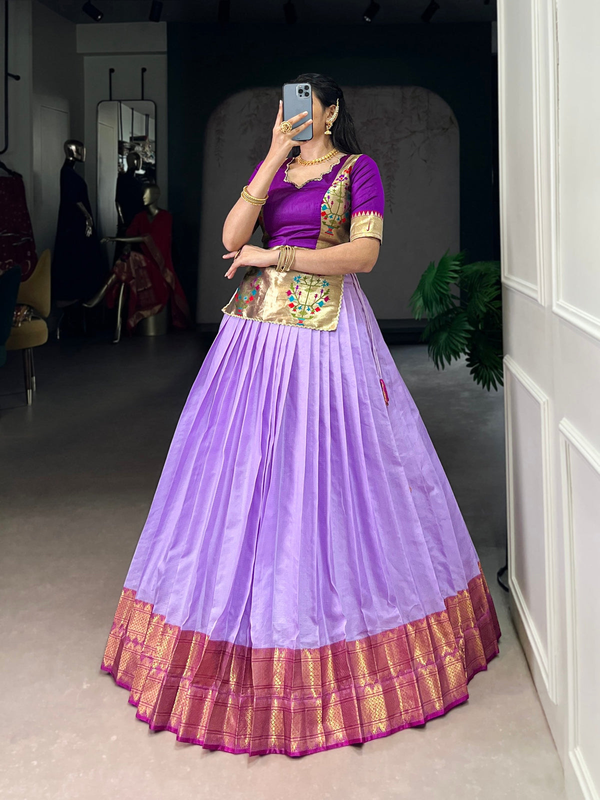 Lorenvalley Fashion Lavender Cotton Silk Zari Weaving Work Lehenga Choli | Grocsy