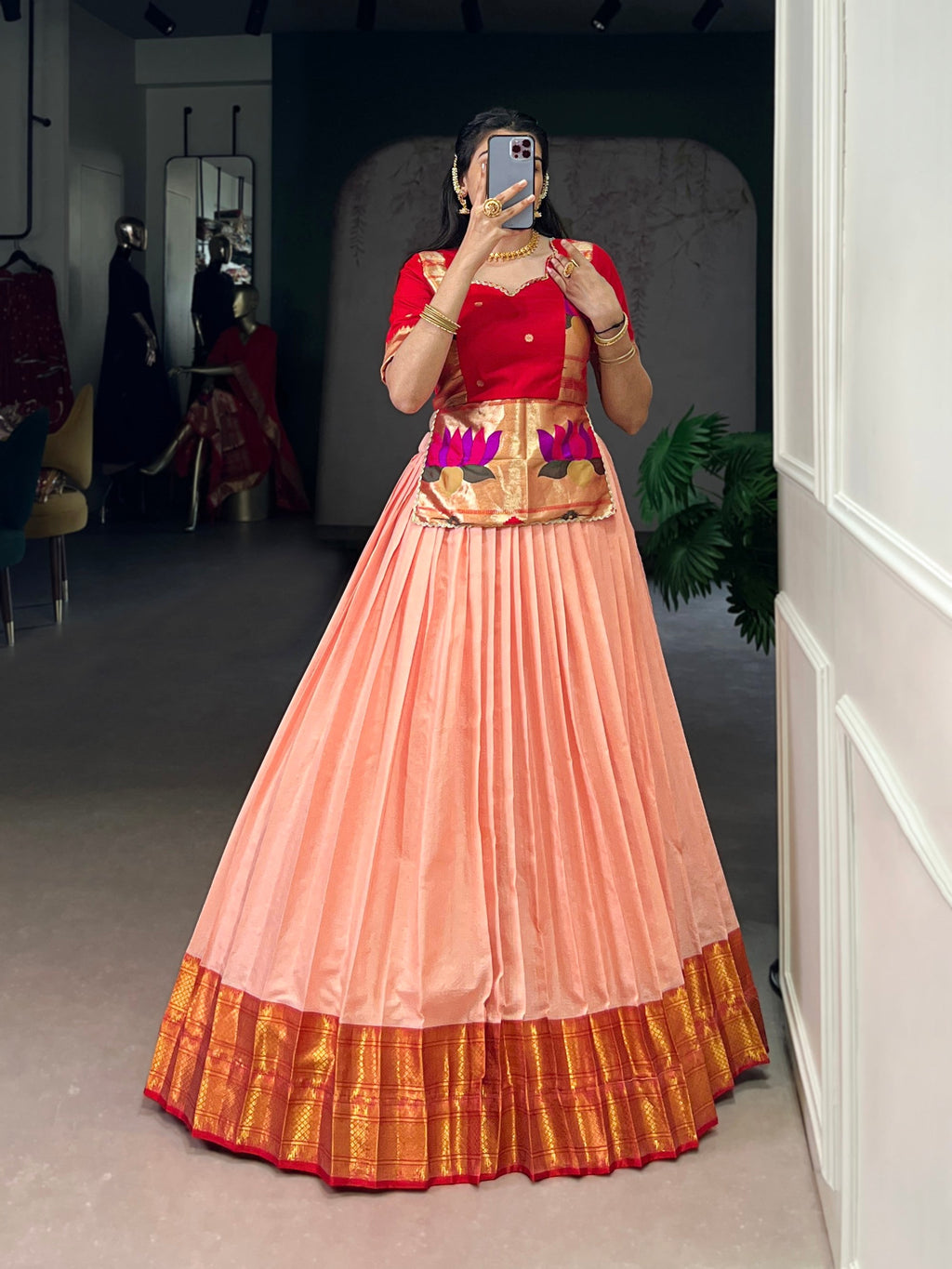Lorenvalley Fashion Peach Cotton Silk Zari Weaving Work Lehenga Choli | Grocsy
