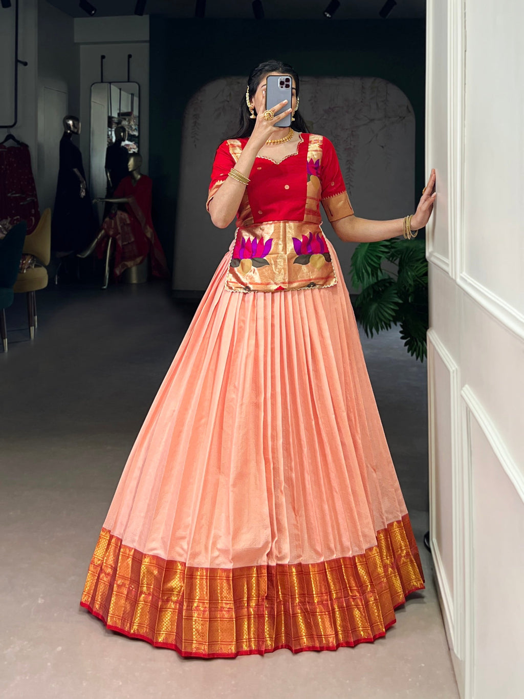 Lorenvalley Fashion Peach Cotton Silk Zari Weaving Work Lehenga Choli | Grocsy
