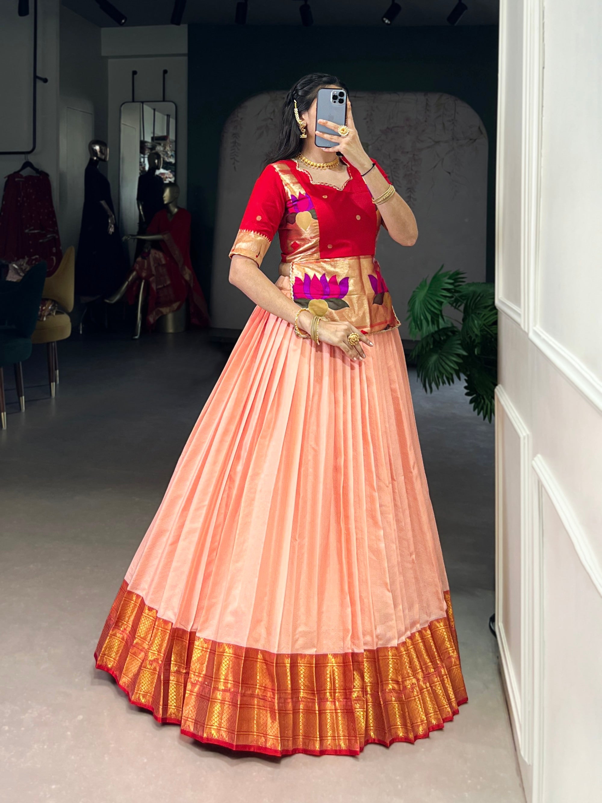 Lorenvalley Fashion Peach Cotton Silk Zari Weaving Work Lehenga Choli | Grocsy