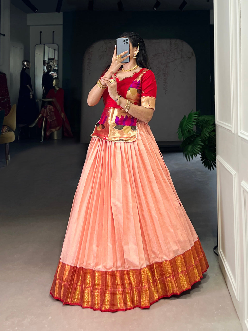 Lorenvalley Fashion Peach Cotton Silk Zari Weaving Work Lehenga Choli | Grocsy
