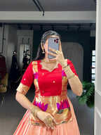 Lorenvalley Fashion Peach Cotton Silk Zari Weaving Work Lehenga Choli | Grocsy