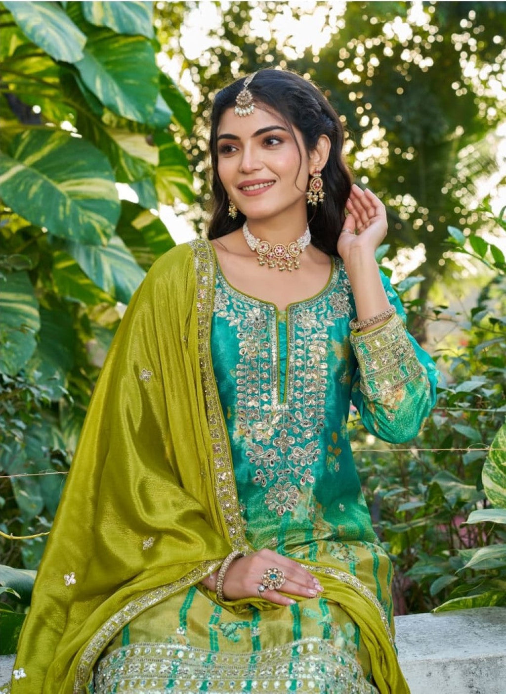 Anaita Sea Green Chinon Stitched Plazzo Suit With Digital Printed & Hand Work | Grocsy