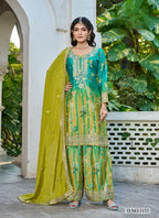 Anaita Sea Green Chinon Stitched Plazzo Suit With Digital Printed & Hand Work | Grocsy