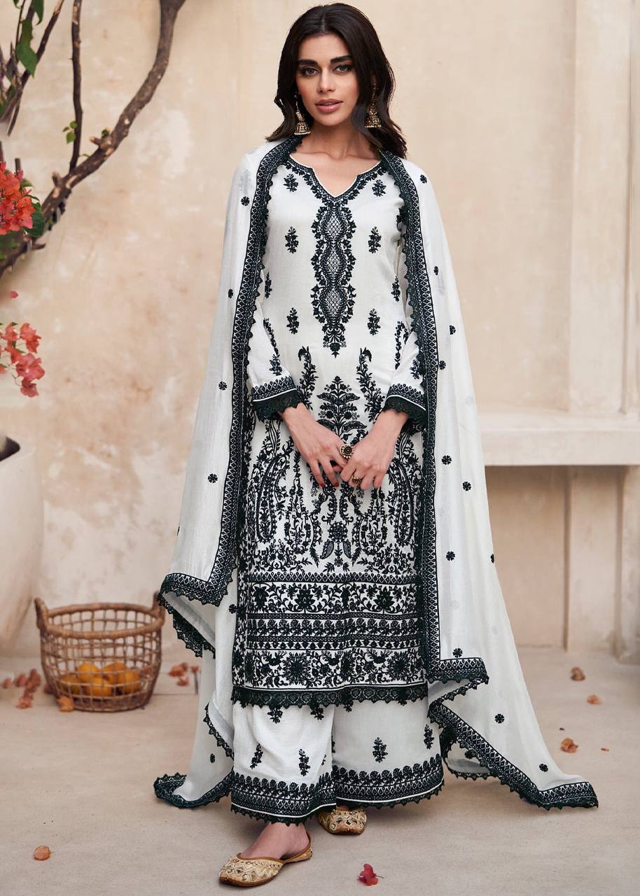 Lorenvalley White Chinon Embroidery With Sequince Work Salwar Kameez Stitched | Grocsy