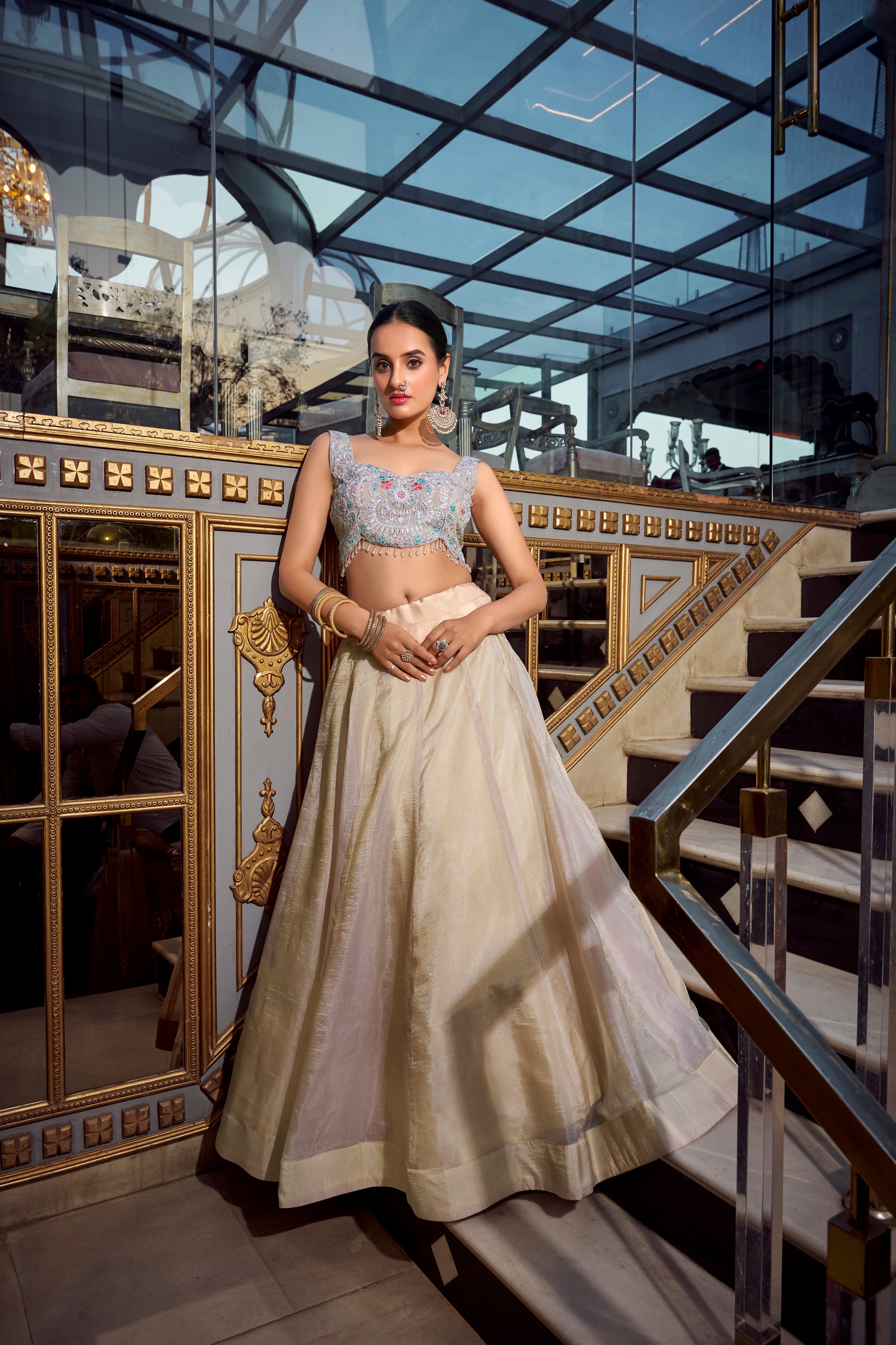Lorenvalley Cream Gold Crush Fabric Plain Lehenga with Sequins and Thread Embroidery with Jarkan Diamond Work Choli and Dupatta | Grocsy
