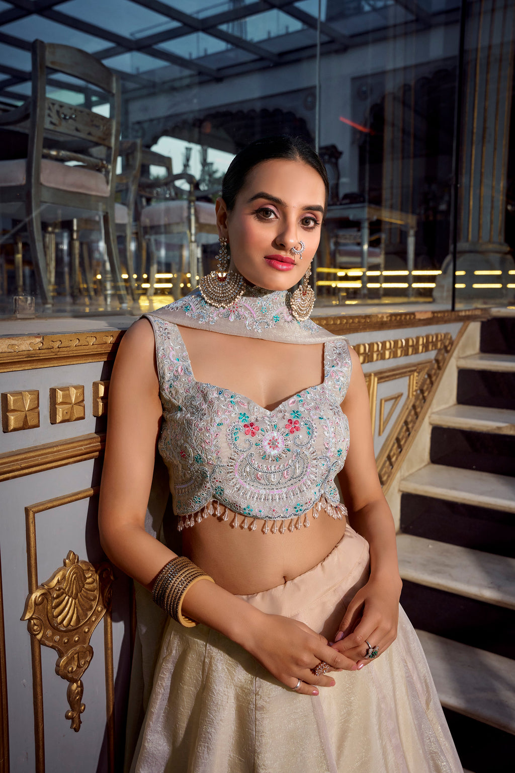 Lorenvalley Cream Gold Crush Fabric Plain Lehenga with Sequins and Thread Embroidery with Jarkan Diamond Work Choli and Dupatta | Grocsy