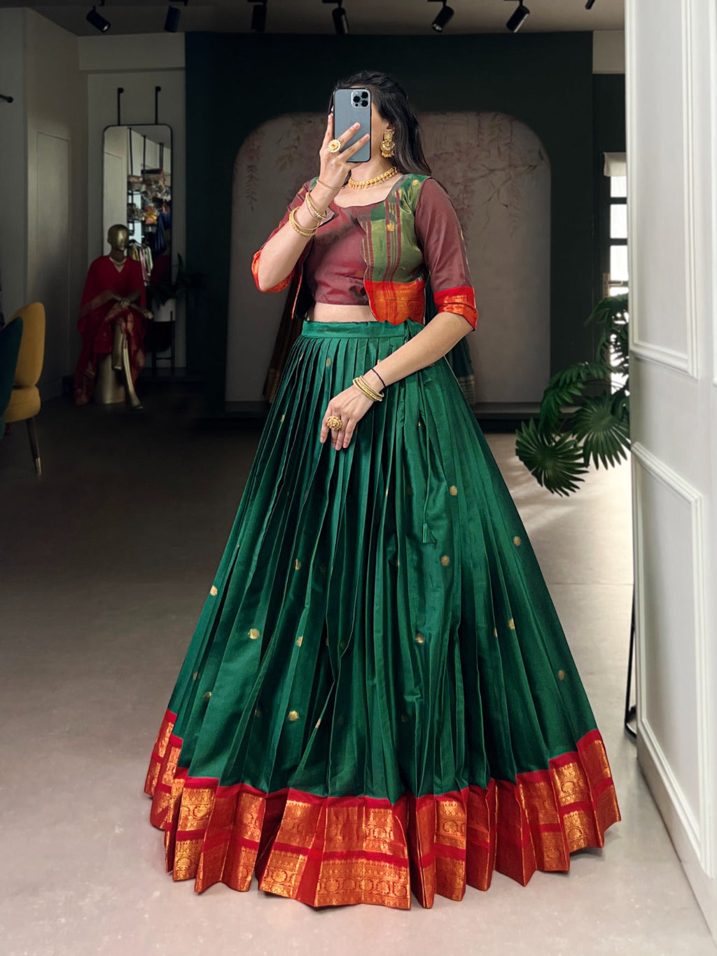 Lorenvalley Fashion Green Poly Cotton Zari Weaving Work Lehenga Choli With Koti | Grocsy