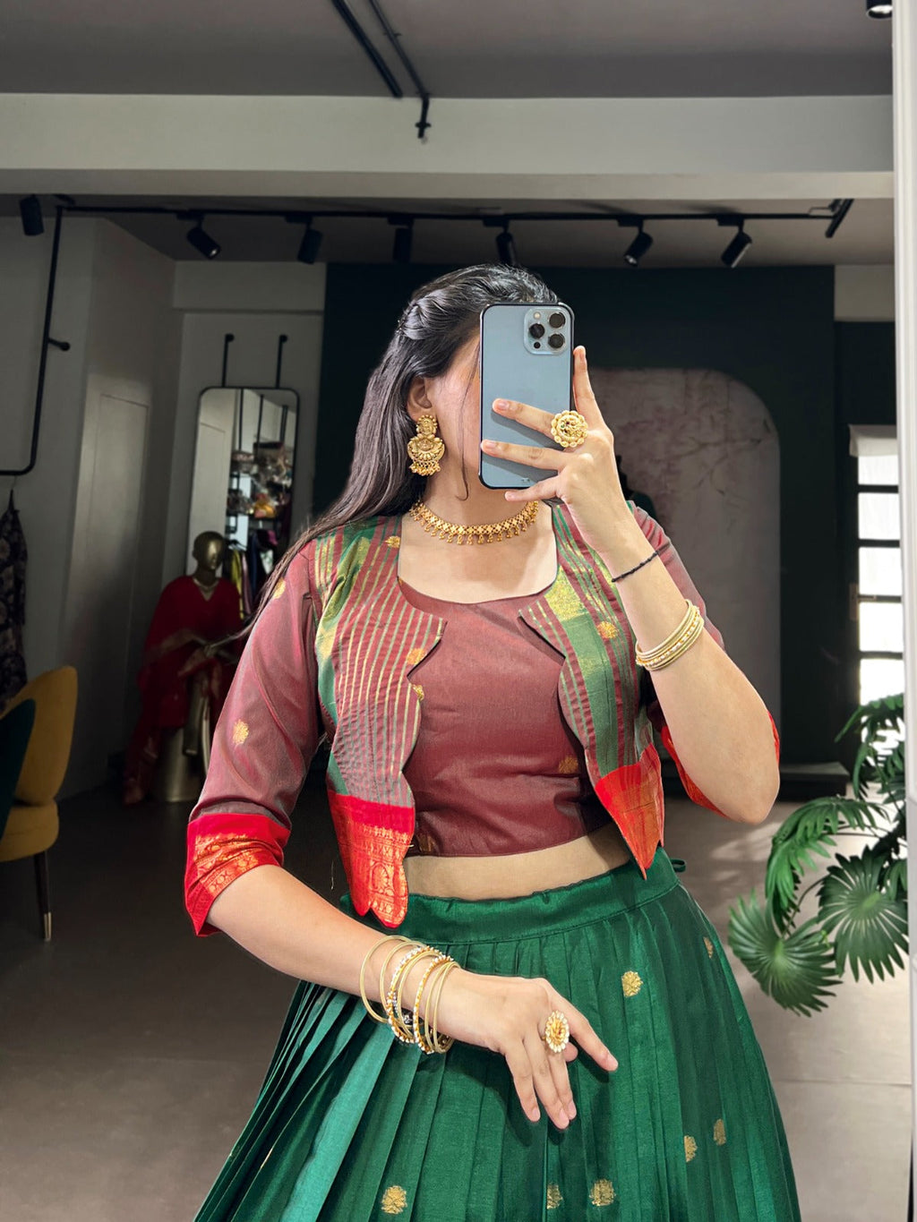 Lorenvalley Fashion Green Poly Cotton Zari Weaving Work Lehenga Choli With Koti | Grocsy