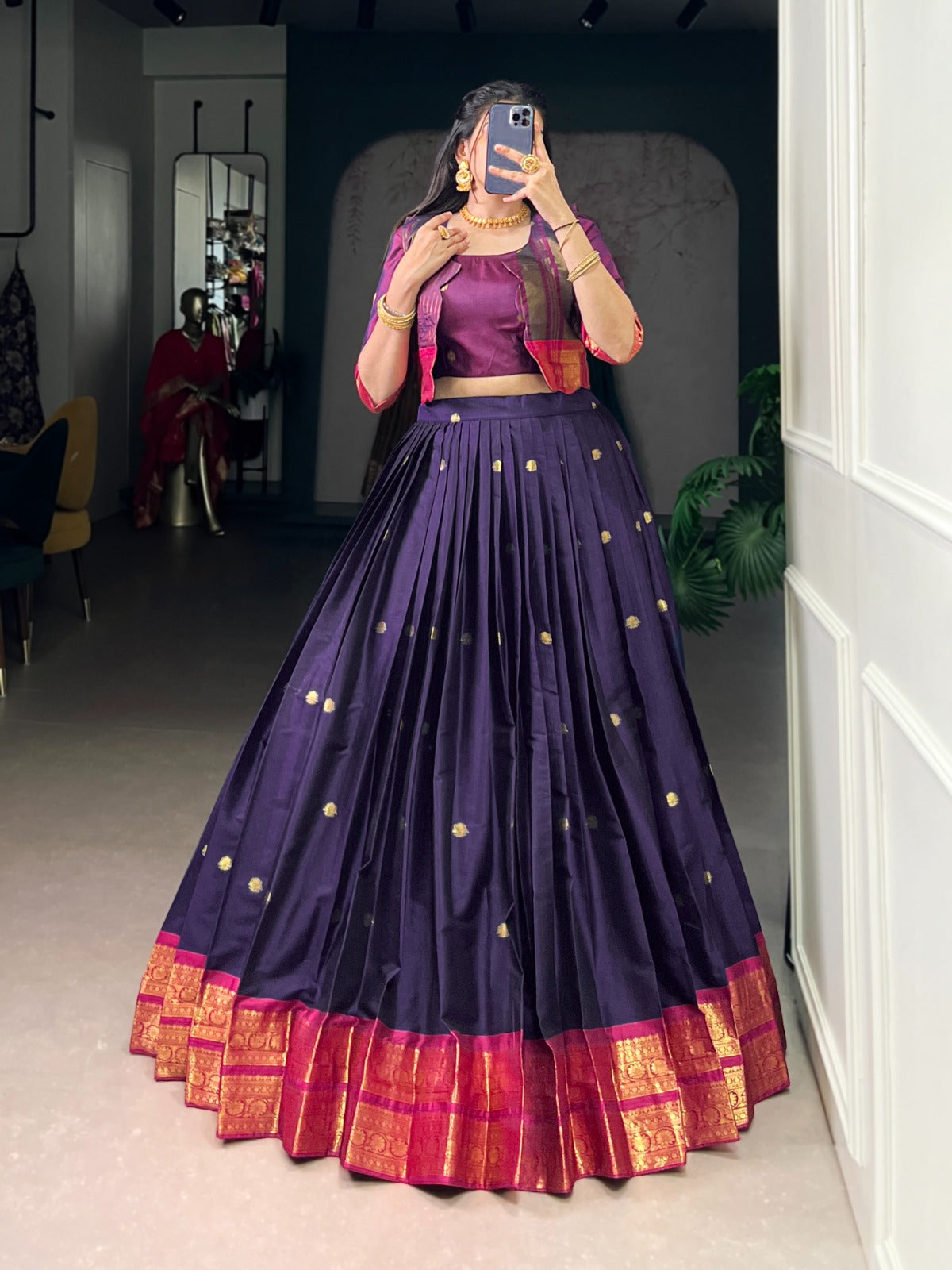 Lorenvalley Fashion Navyblue Poly Cotton Zari Weaving Work Lehenga Choli With Koti | Grocsy