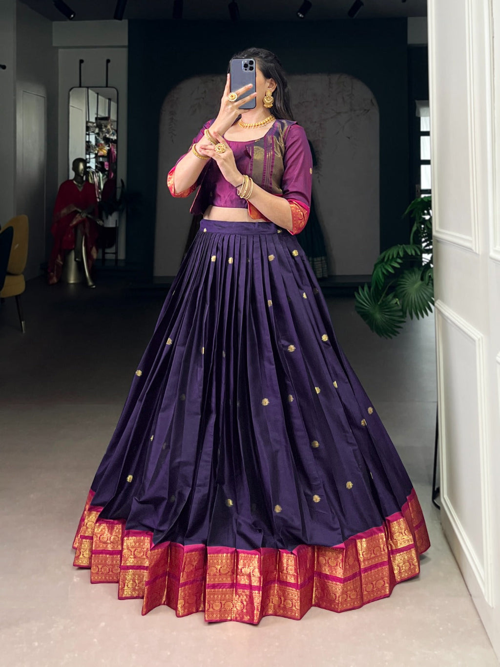 Lorenvalley Fashion Navyblue Poly Cotton Zari Weaving Work Lehenga Choli With Koti | Grocsy