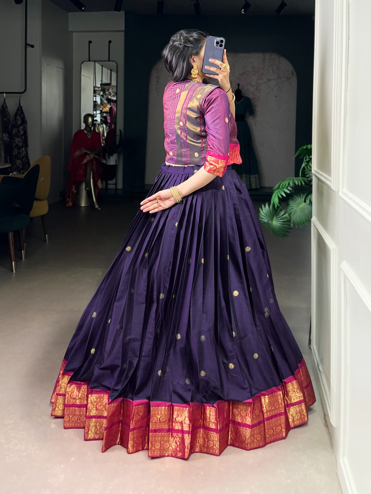 Lorenvalley Fashion Navyblue Poly Cotton Zari Weaving Work Lehenga Choli With Koti | Grocsy