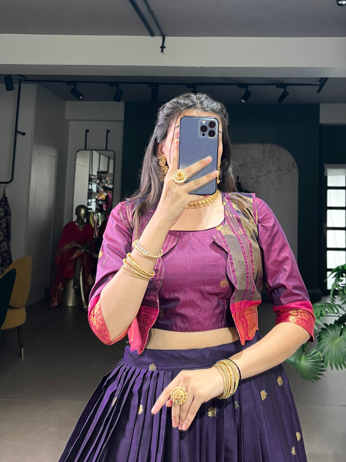 Lorenvalley Fashion Navyblue Poly Cotton Zari Weaving Work Lehenga Choli With Koti | Grocsy