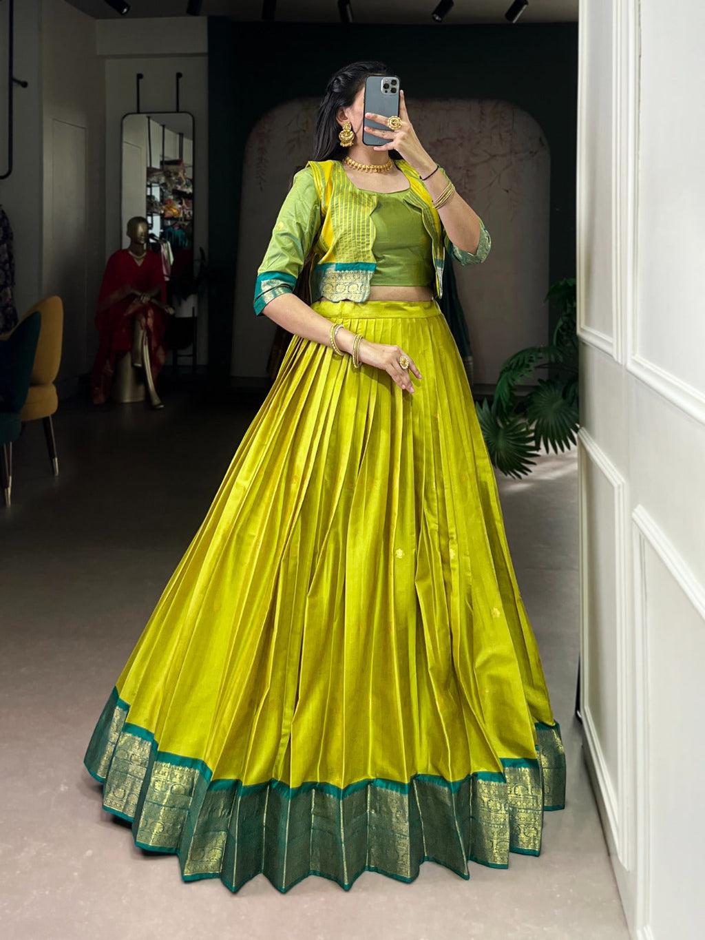 Lorenvalley Fashion Parotgreen Poly Cotton Zari Weaving Work Lehenga Choli With Koti | Grocsy