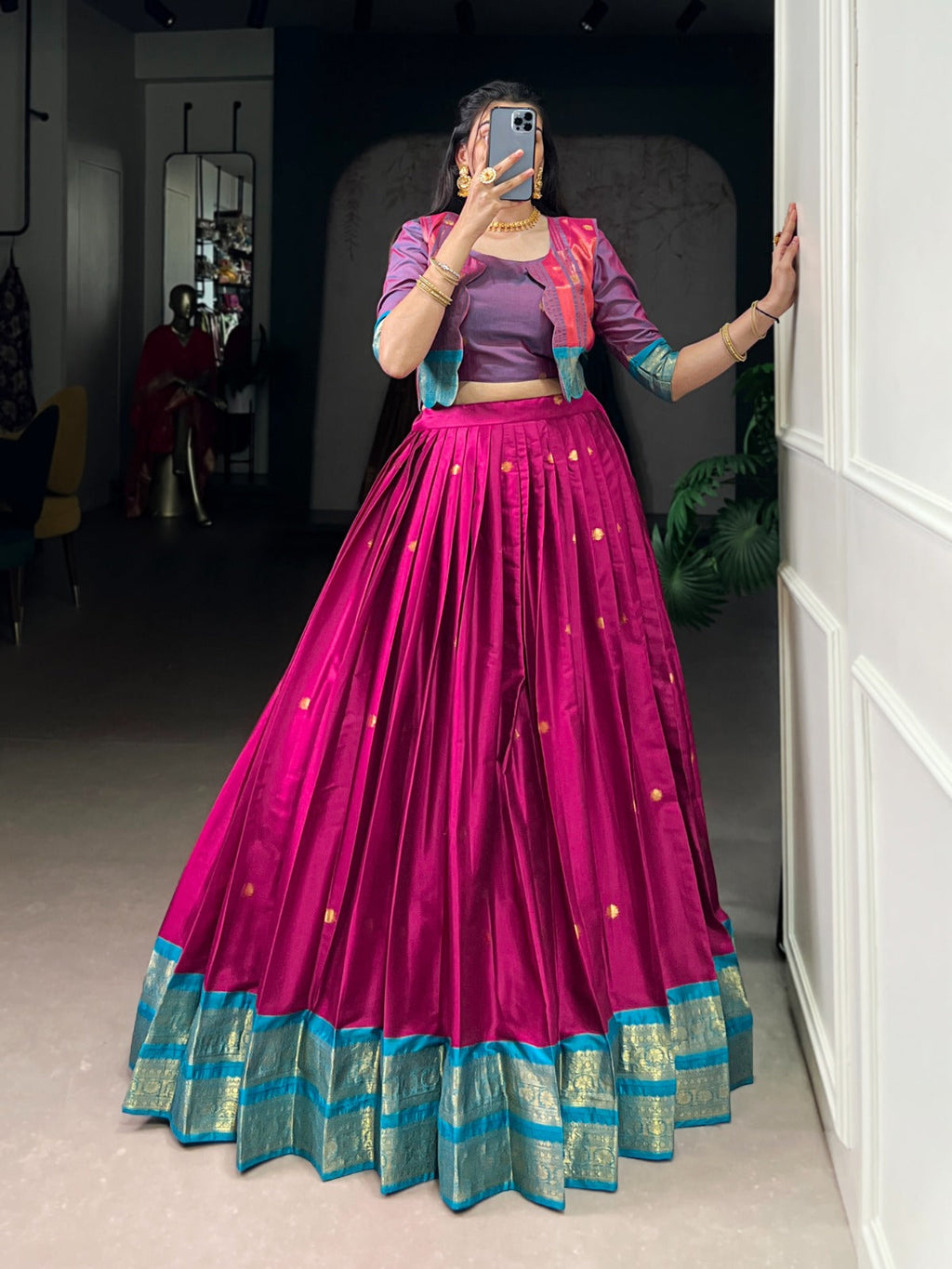 Lorenvalley Fashion Pink Poly Cotton Zari Weaving Work Lehenga Choli With Koti | Grocsy