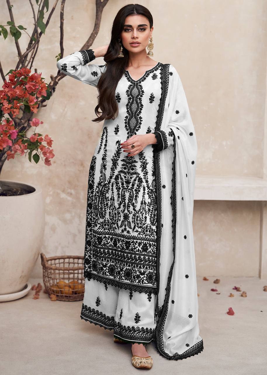 Lorenvalley White Chinon Embroidery With Sequince Work Salwar Kameez Stitched | Grocsy