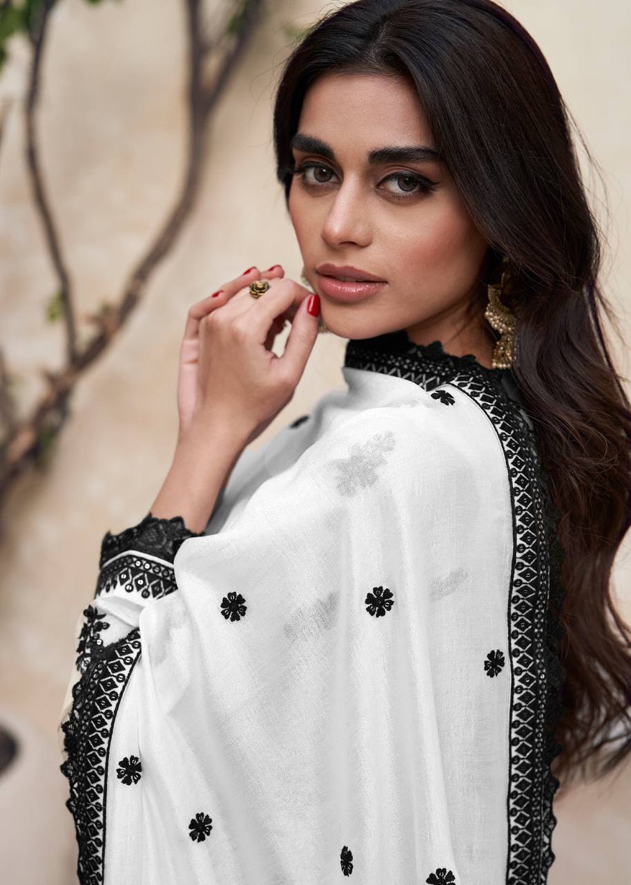 Lorenvalley White Chinon Embroidery With Sequince Work Salwar Kameez Stitched | Grocsy