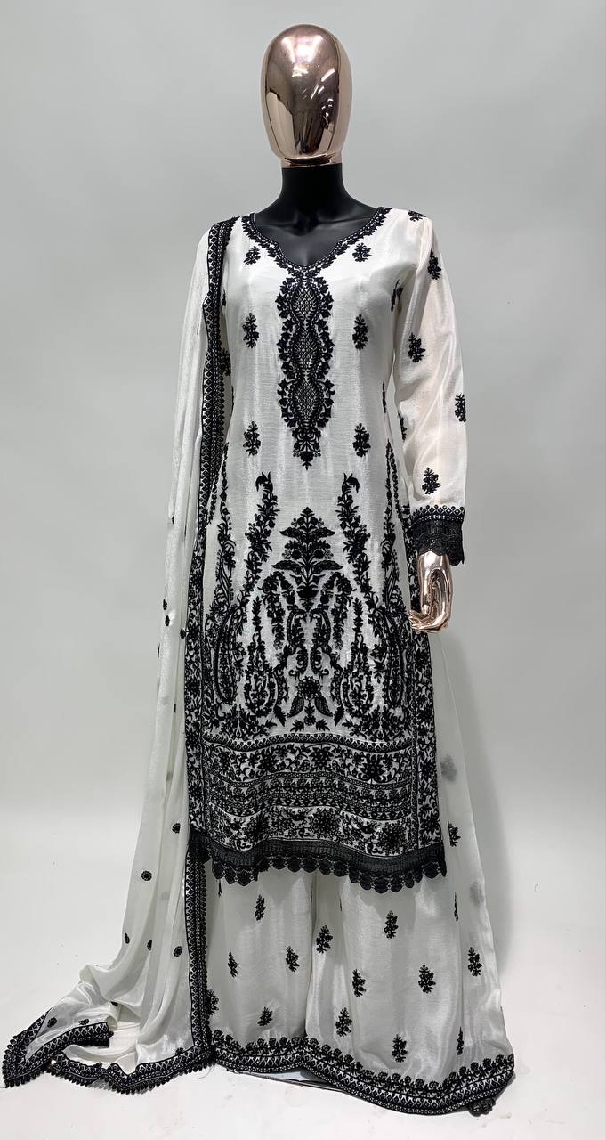Lorenvalley White Chinon Embroidery With Sequince Work Salwar Kameez Stitched | Grocsy