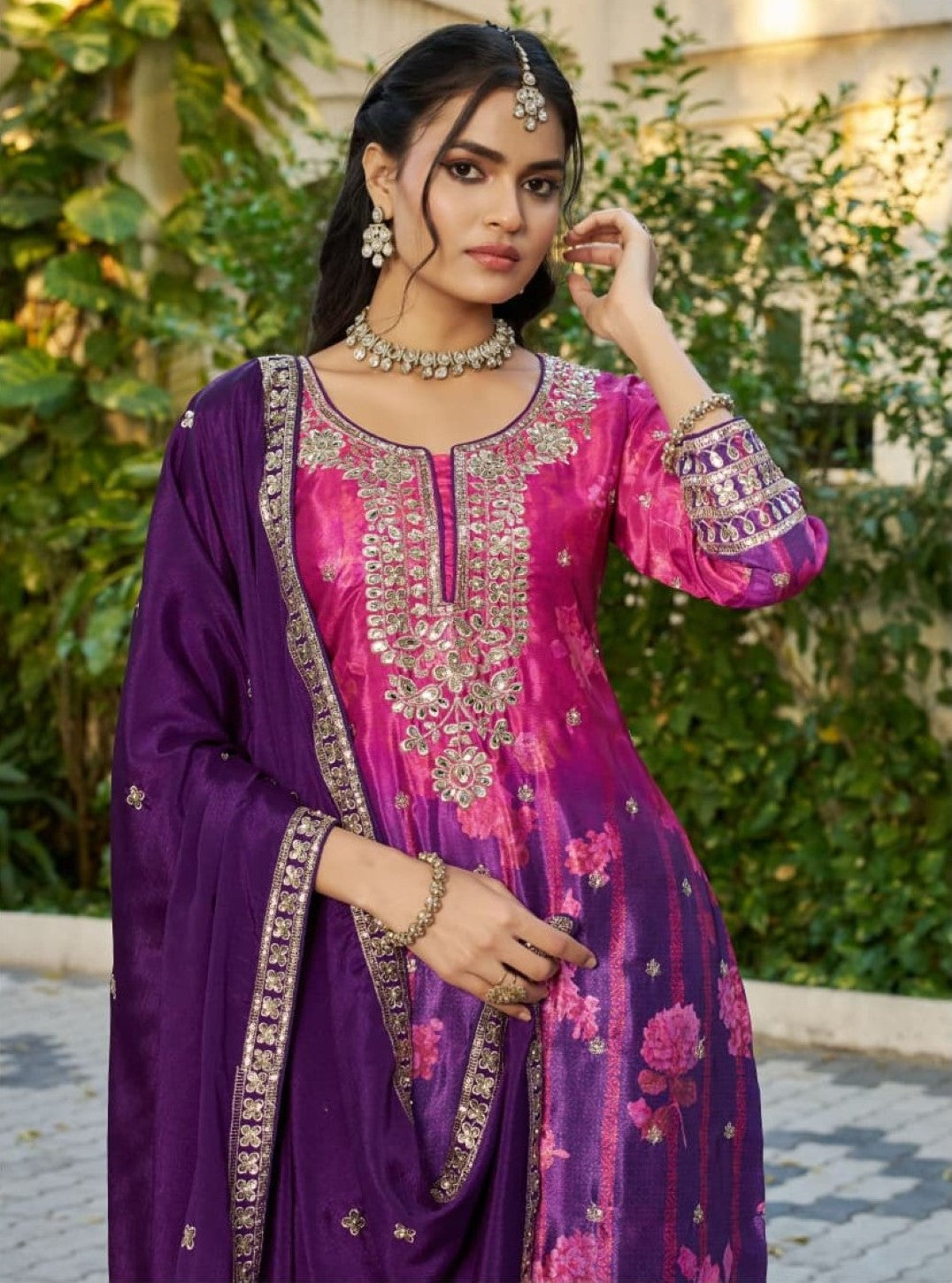 Anaita Purple Chinon Stitched Plazzo Suit With Digital Printed & Hand Work | Grocsy