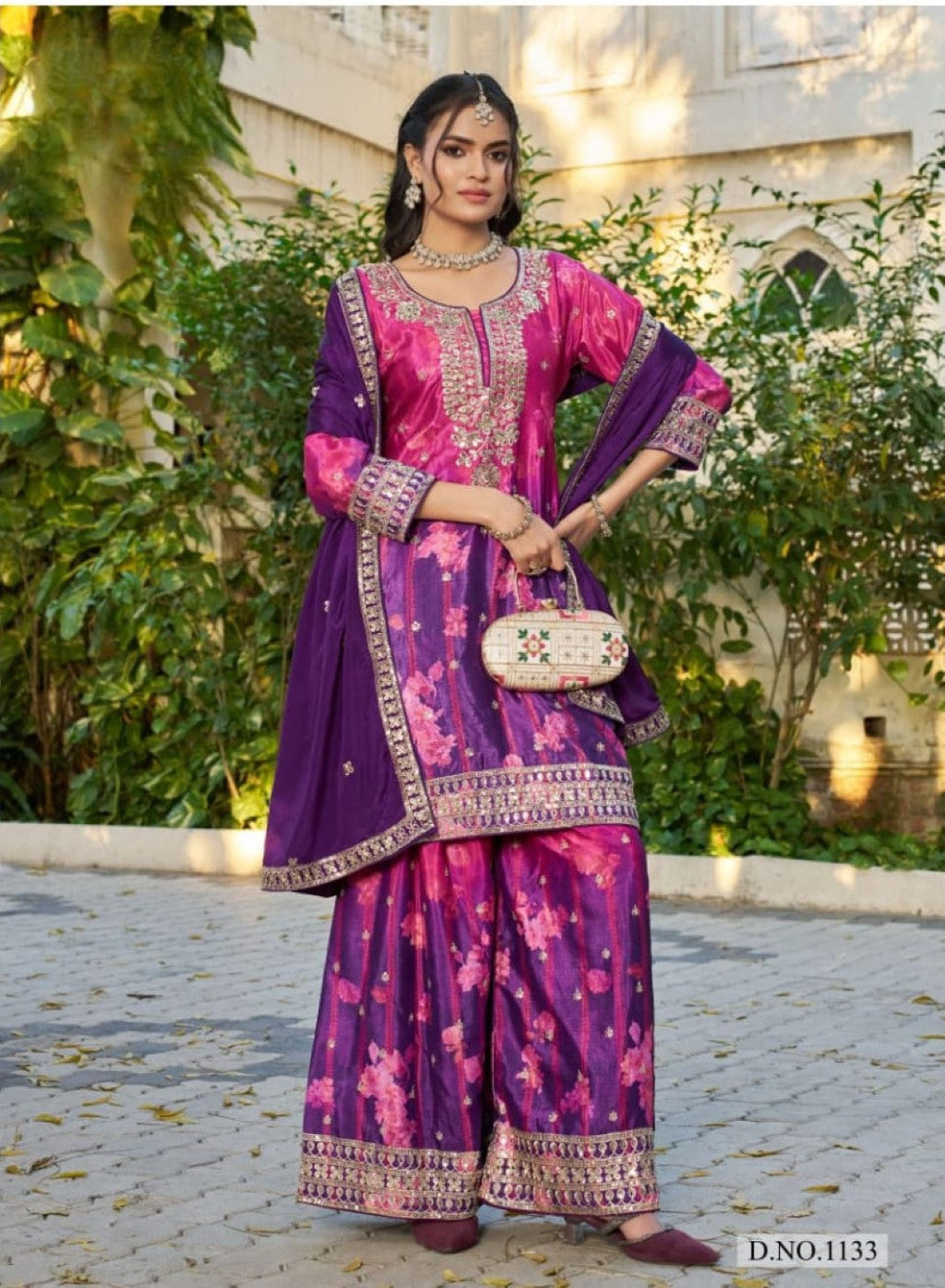 Anaita Purple Chinon Stitched Plazzo Suit With Digital Printed & Hand Work | Grocsy