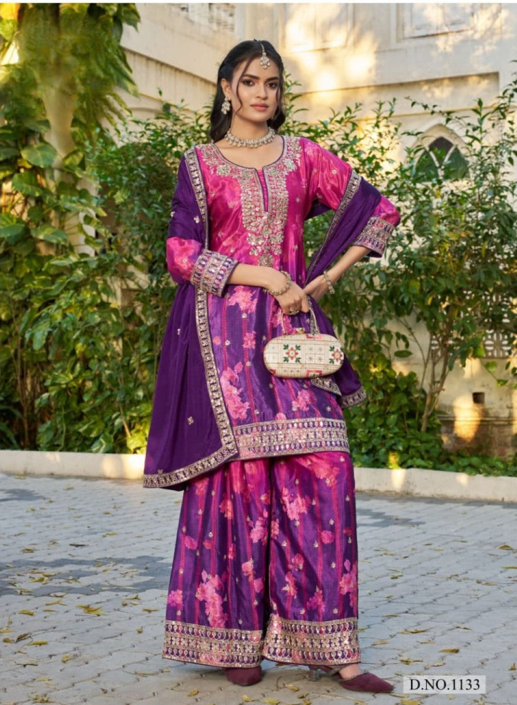 Anaita Purple Chinon Stitched Plazzo Suit With Digital Printed & Hand Work | Grocsy